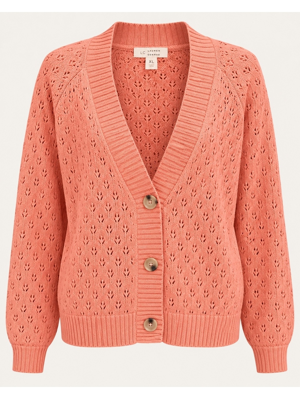 LC Lauren Conrad XL Coral Pointelle Cardigan Button Front Cottagecore
